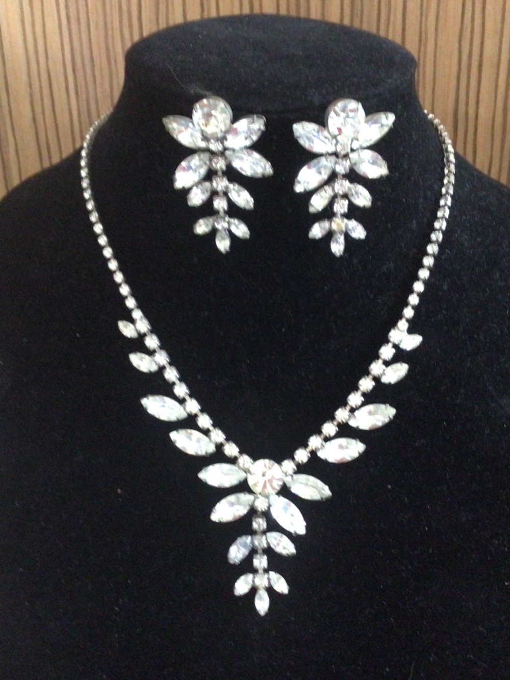 Old rhinestone necklace and earring set. Can not find any markings